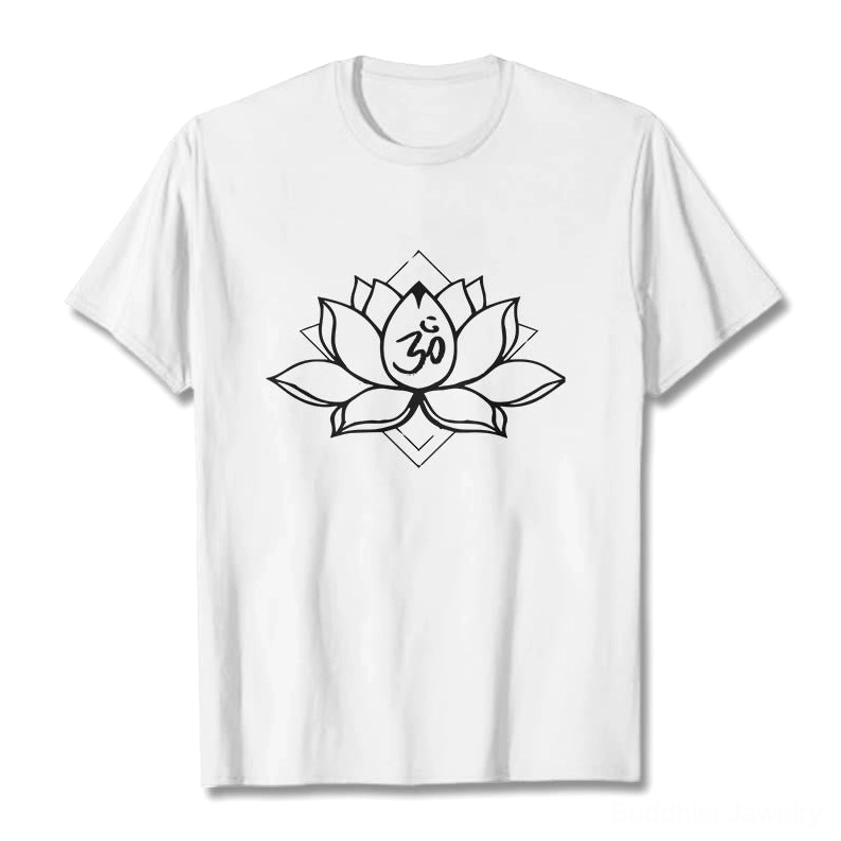 White Sacred Lotus Om Buddhist T-Shirt front flat lay showing black ink spiritual print on light background