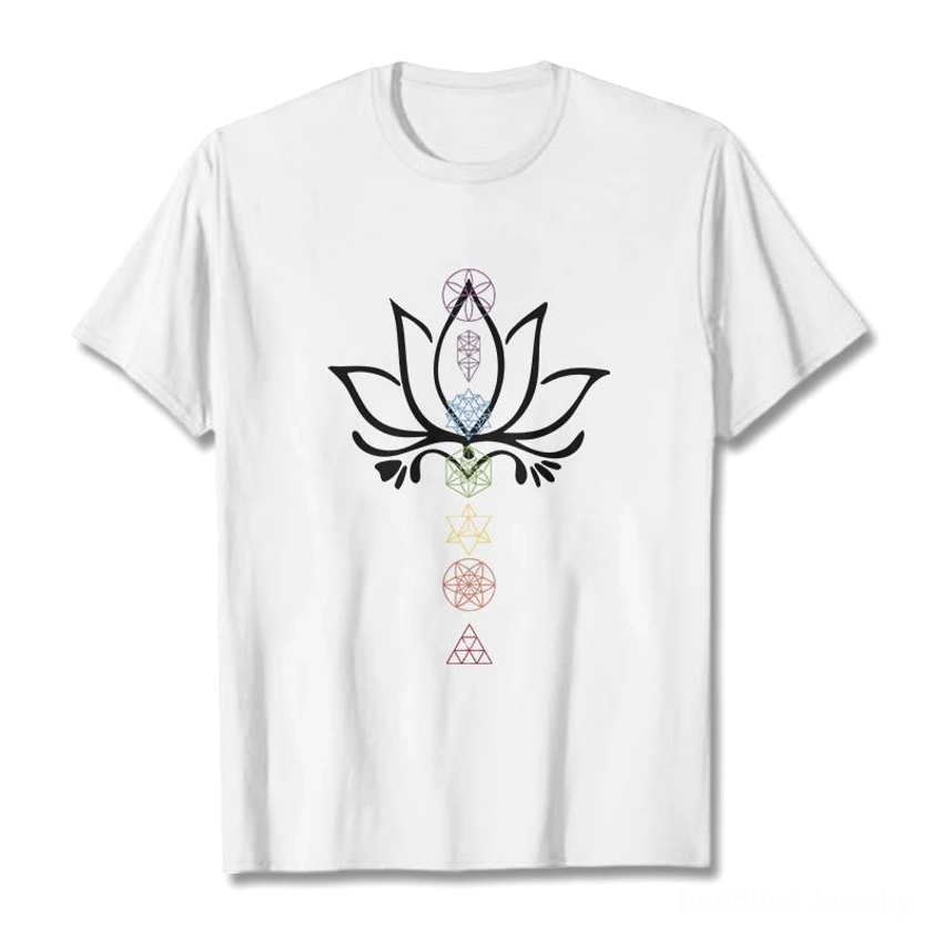 White sacred lotus geometry Buddhist t-shirt flat lay front chakra print design