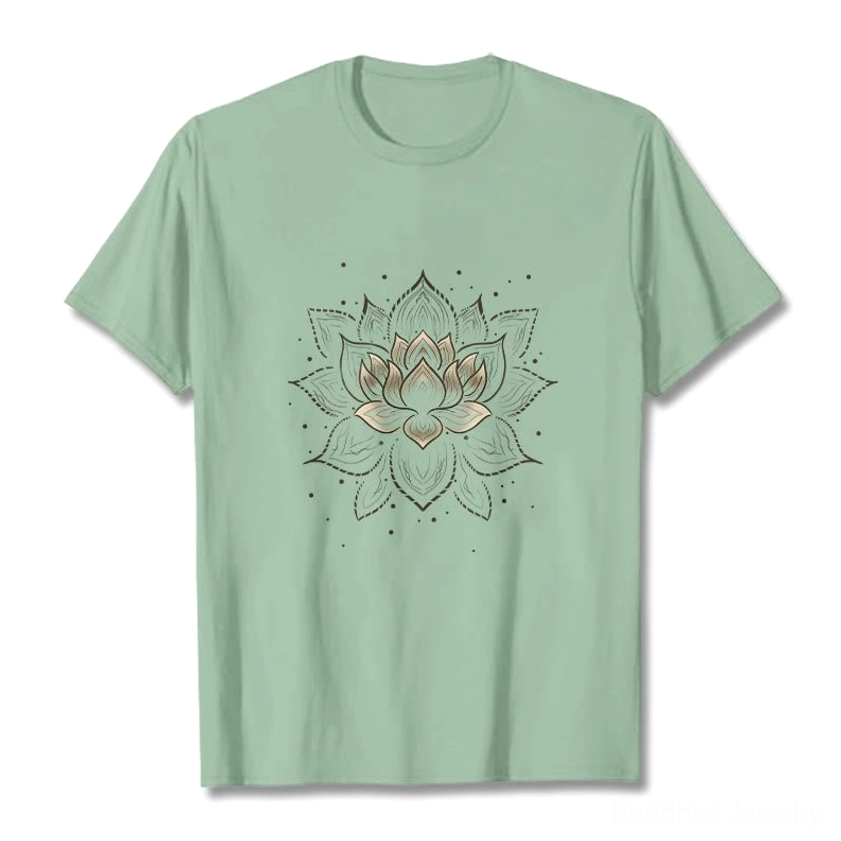 White lotus spiritual graphic t-shirt, Buddhist apparel with mandala design on crew neck