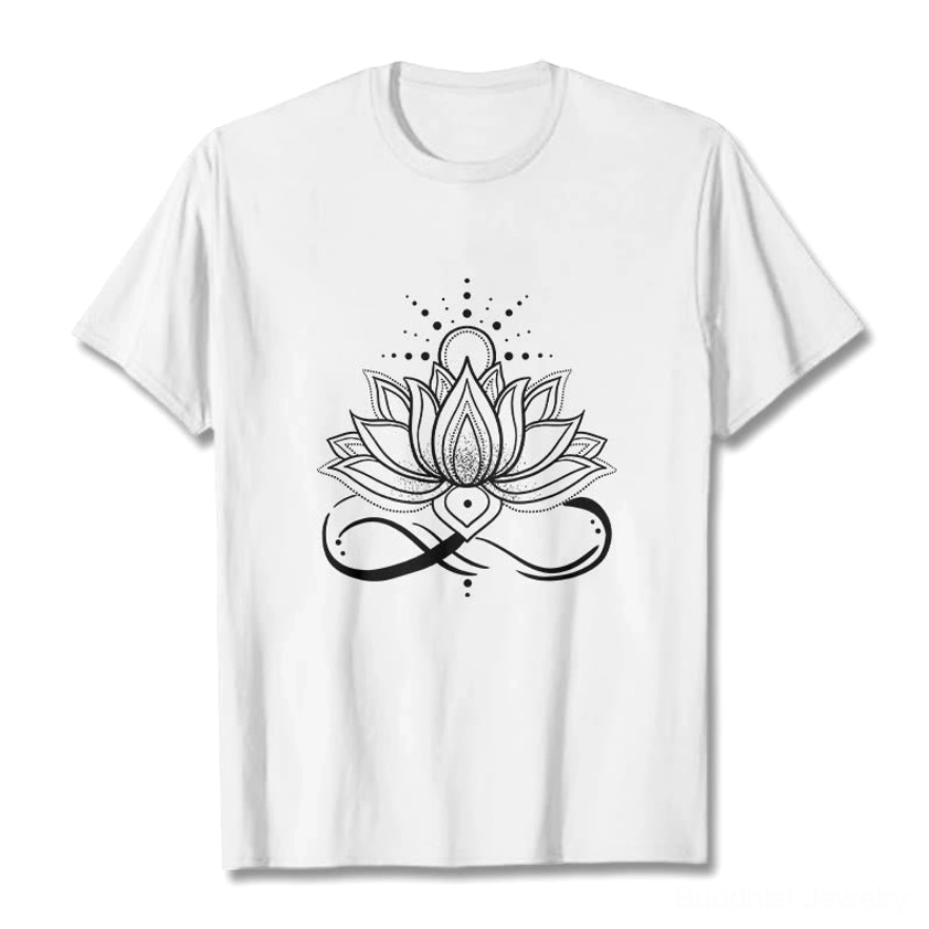 White lotus flower sun Buddhist t-shirt with black graphic print, front flat lay view on white background