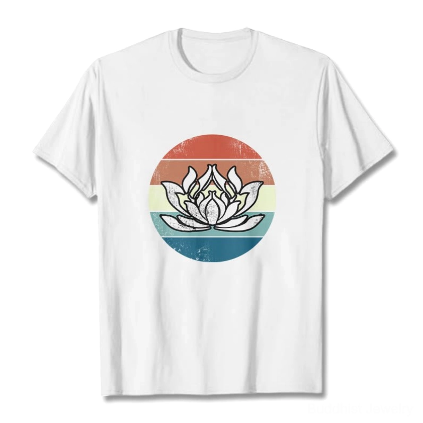 White sacred lotus sunset vintage Buddhist t-shirt front display with retro striped print design