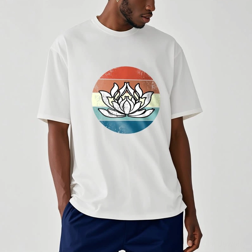 Man modeling white lotus spiritual t-shirt with retro striped pattern in studio