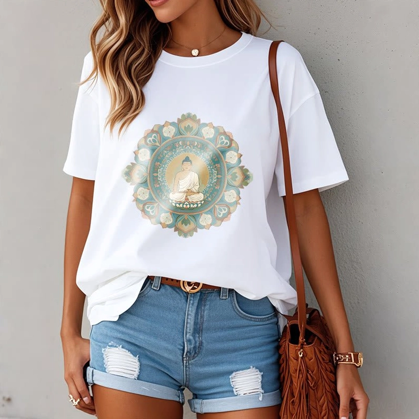 White mandala buddha t-shirt on female model outdoor casual styling with denim shorts