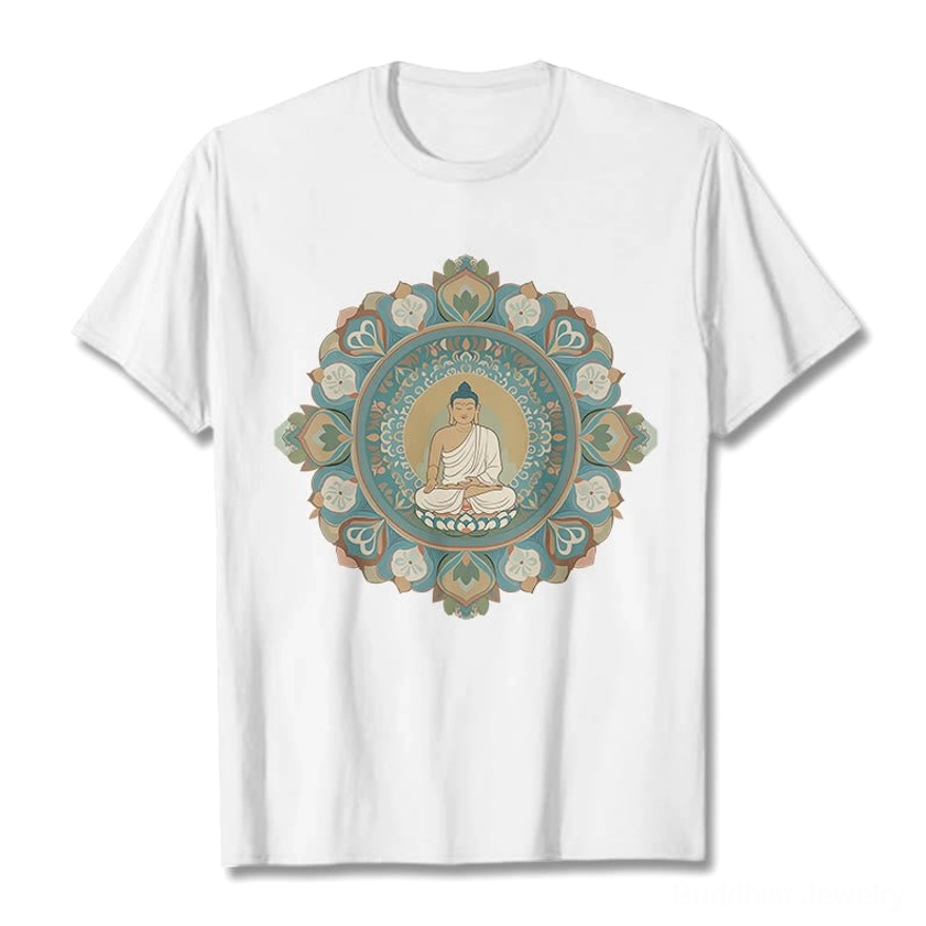 White mandala buddha cotton t-shirt flat lay display with detailed spiritual graphic