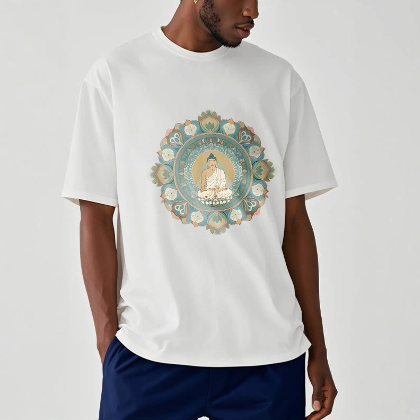 White buddha mandala casual tee on male model indoor studio setting crew neck design