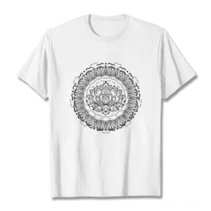White mandala lotus flower t-shirt flat lay with detailed geometric Buddhist print design