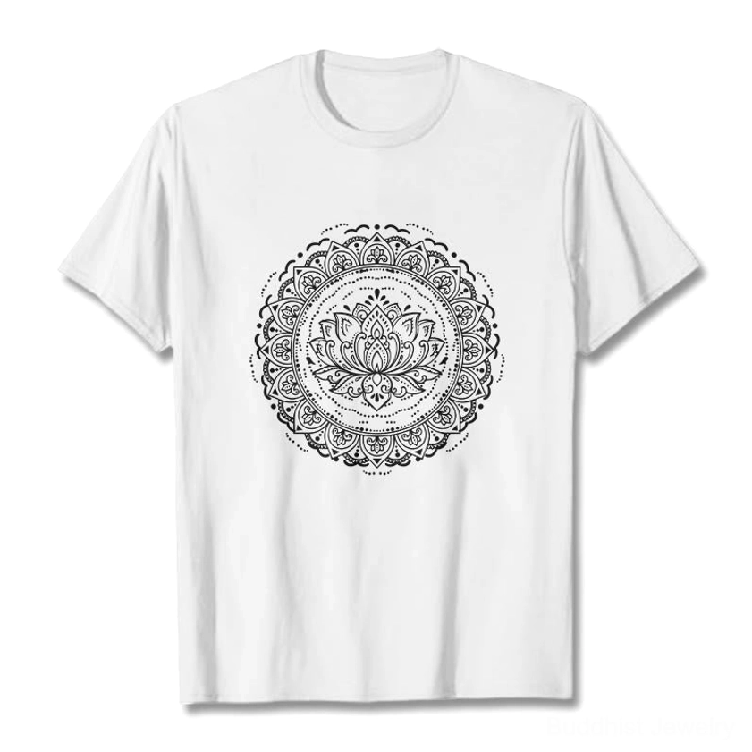 White mandala lotus flower t-shirt flat lay with detailed geometric Buddhist print design