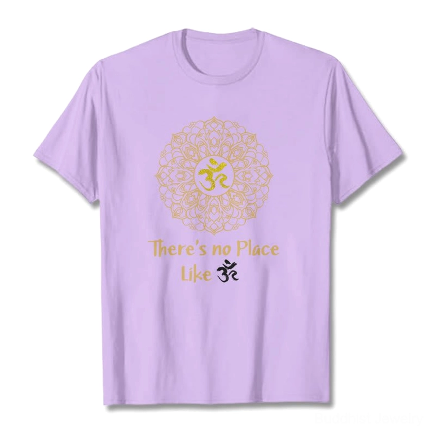 White Om mandala graphic t-shirt back view detail shot displaying print design and construction
