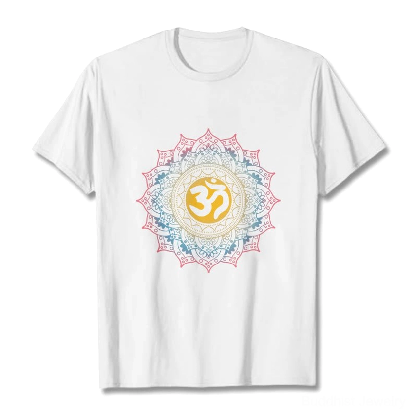 White OM mandala graphic t-shirt flat lay front display, gradient mandala design spiritual tee