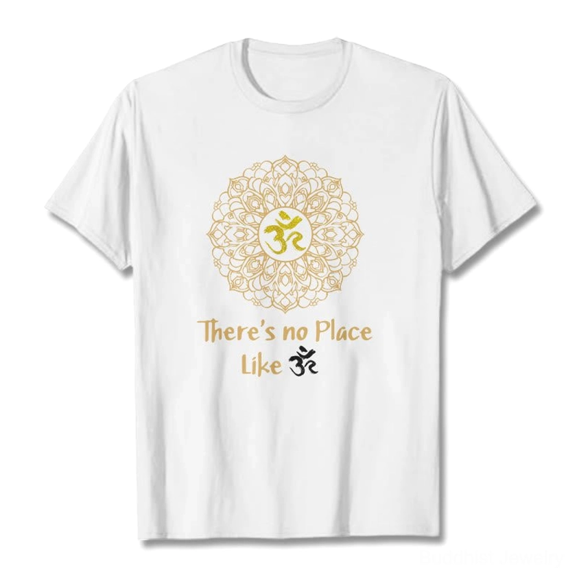 White Buddhist mandala Om t-shirt with gold sacred symbol print, flat lay front view on blank background