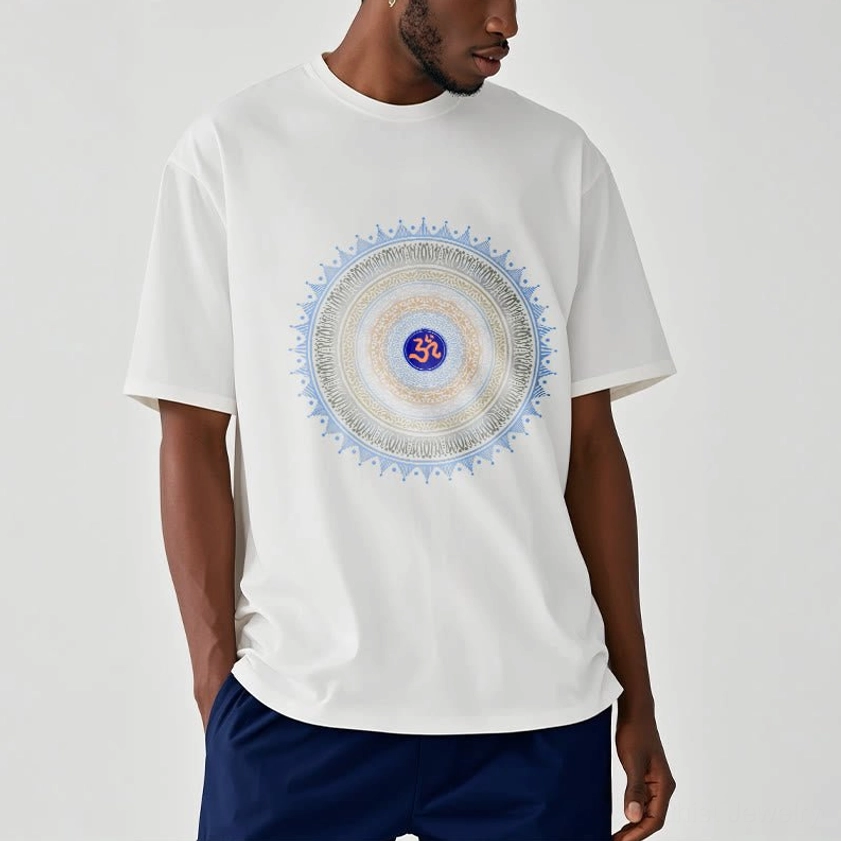 Male model in white Buddhist mandala t-shirt with blue-toned OM symbol, casual spiritual graphic tee
