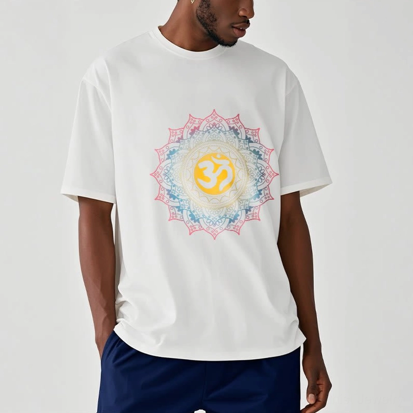 Men wearing white mandala OM Buddhist tee with dark blue trousers, relaxed fit front styling