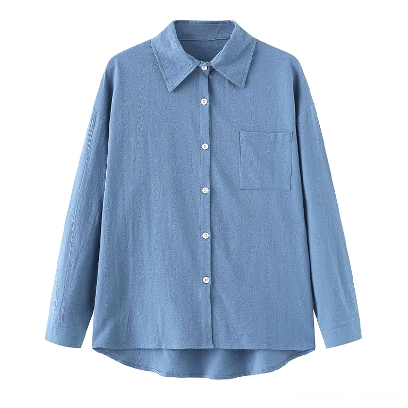 White long-sleeve meditation shirt with collar and functional chest pocket