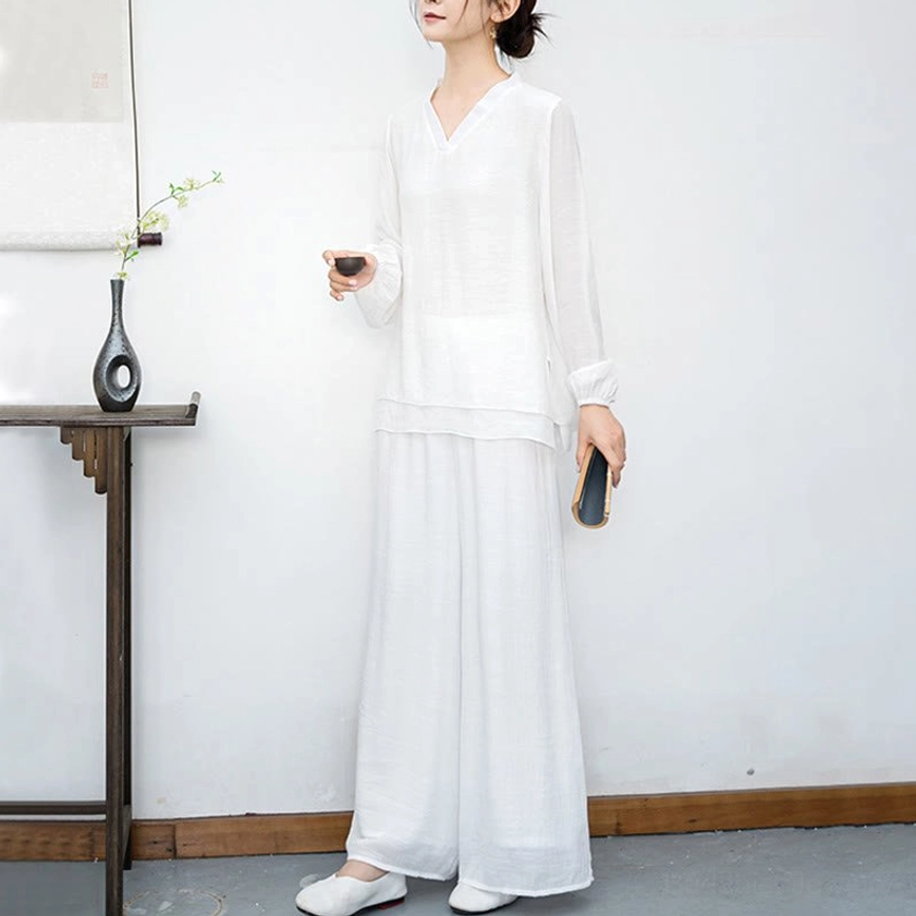 White meditation loungewear set front view showing layered top and elastic waist pants