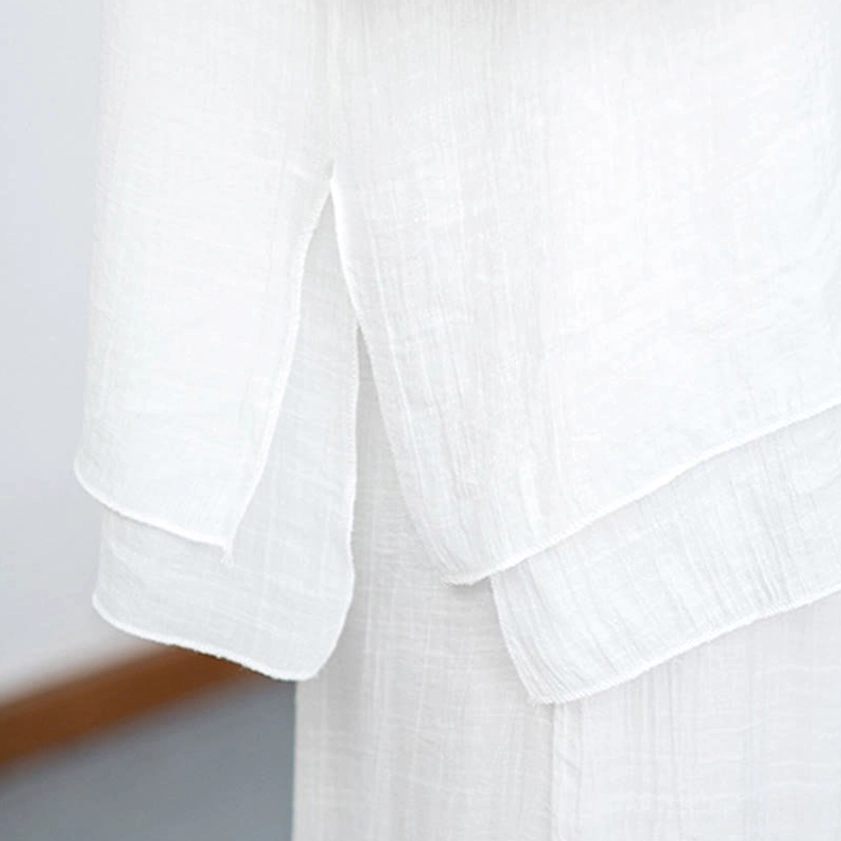 White meditation loungewear set showing elastic waistband and comfortable fit details