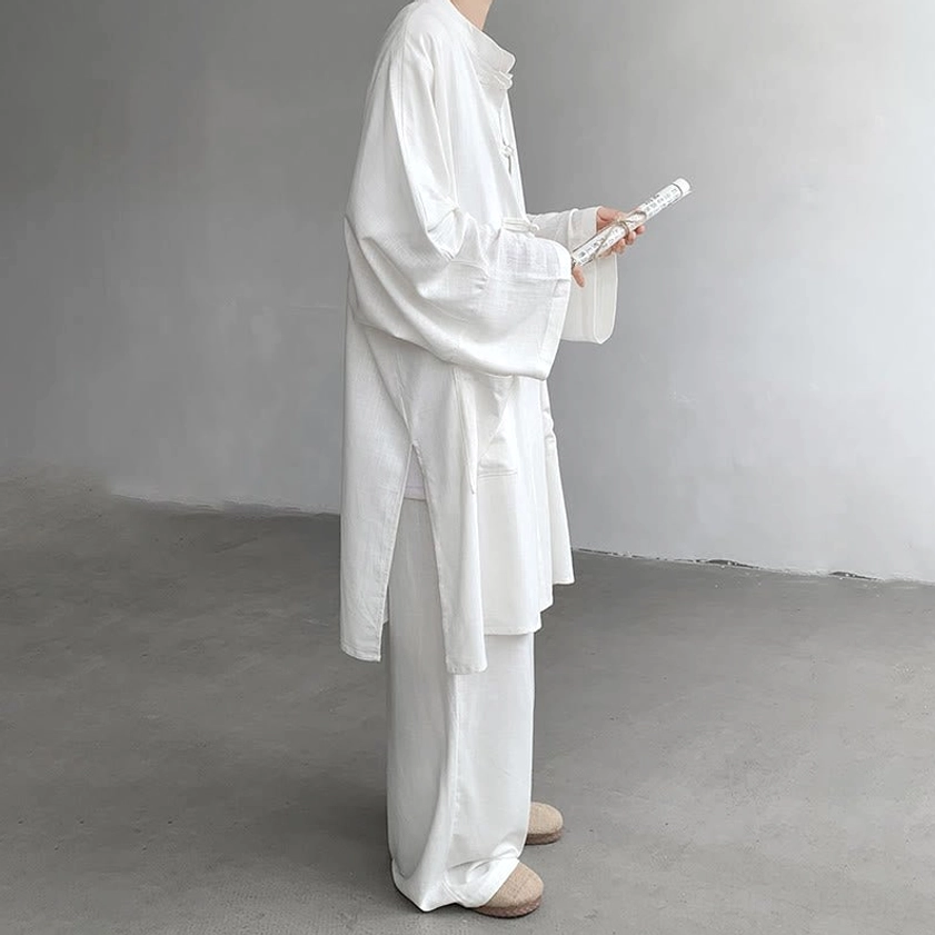 White zen meditation clothing set three-quarter angle showing linen texture and traditional frog button design