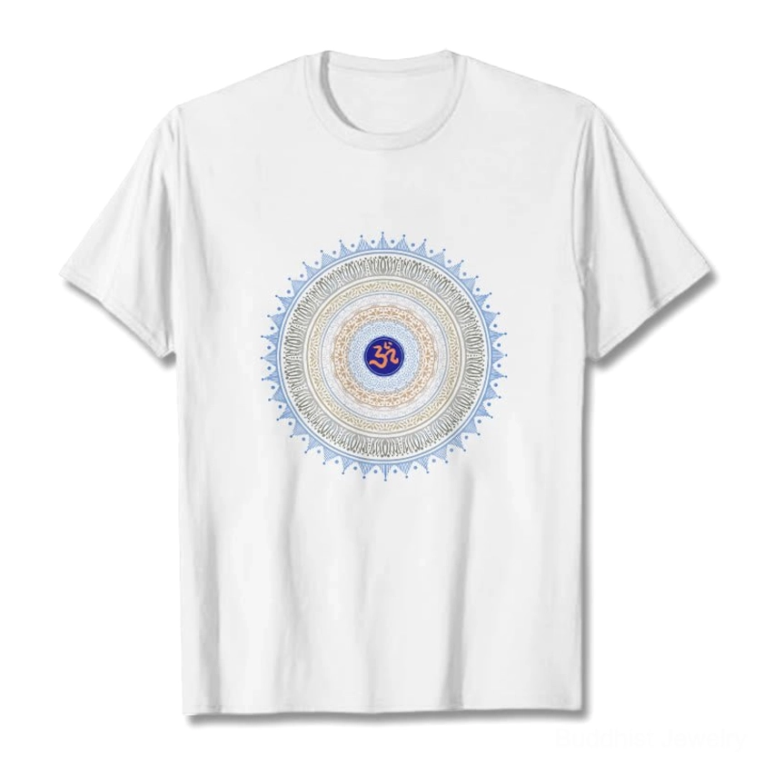 White premium cotton t-shirt with black OM mandala print, detailed Buddhist graphic design flat lay