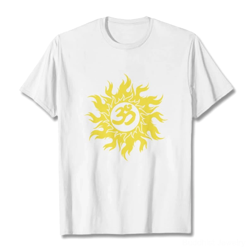 White Om sun Buddhist t-shirt flat lay front view, crew neck with golden sacred Sanskrit print