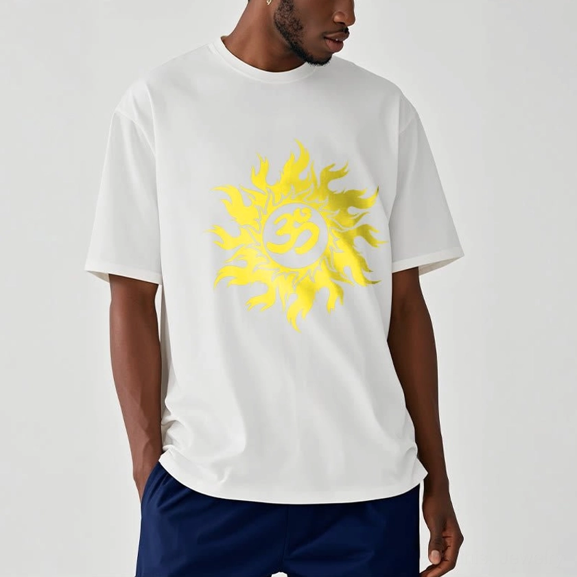 Man wearing white Buddhist spiritual graphic tee with Om sun print, relaxed fit paired with dark blue pants