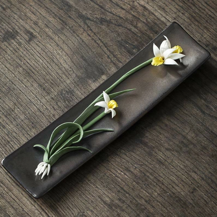 White orchid ceramic incense holder with premium matte finish, meditation room decoration