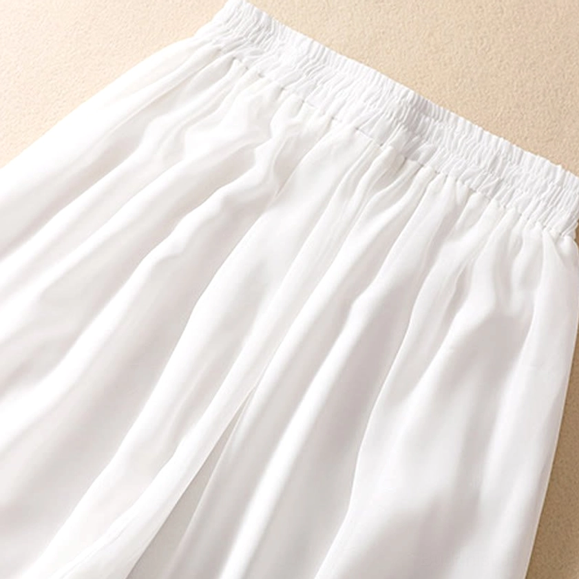 Back view of white wide leg pants showing seam construction, natural waist placement, and full-length hemline