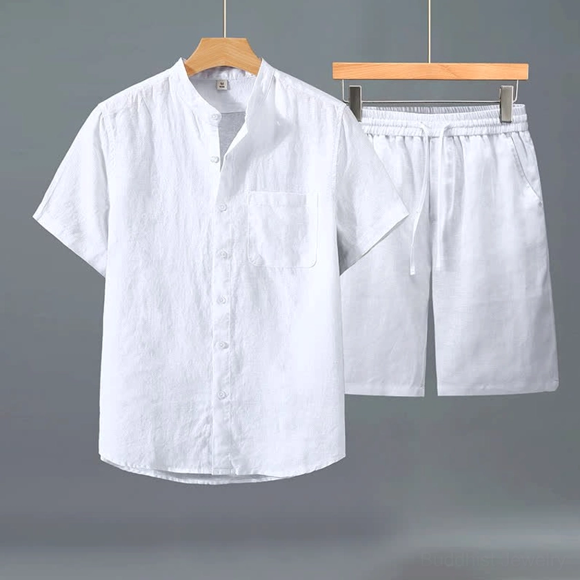 Men's white pure linen meditation two-piece set complete view - button-up shirt with chest pocket and straight shorts