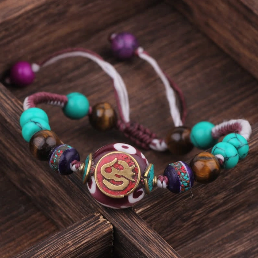 White purple rope Buddhist bracelet with purple braided cord and gemstone beads, handcrafted adjustable healing bracelet