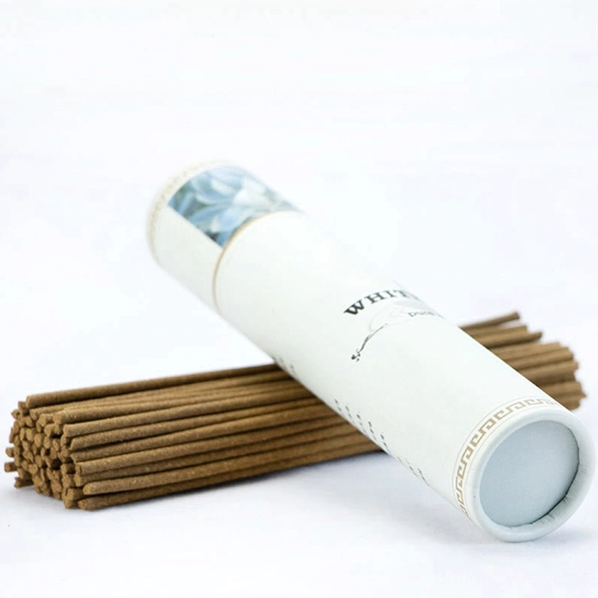White sage incense sticks with open paper tube packaging oblique view on clean white background