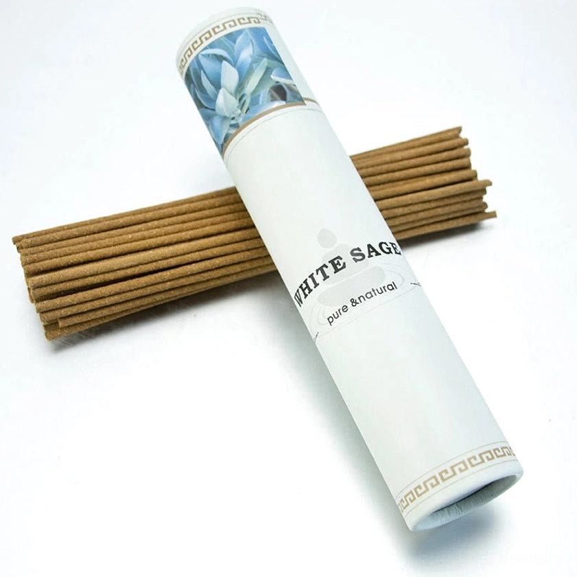Premium white sage incense packaging with blue floral printed paper tube design and incense sticks