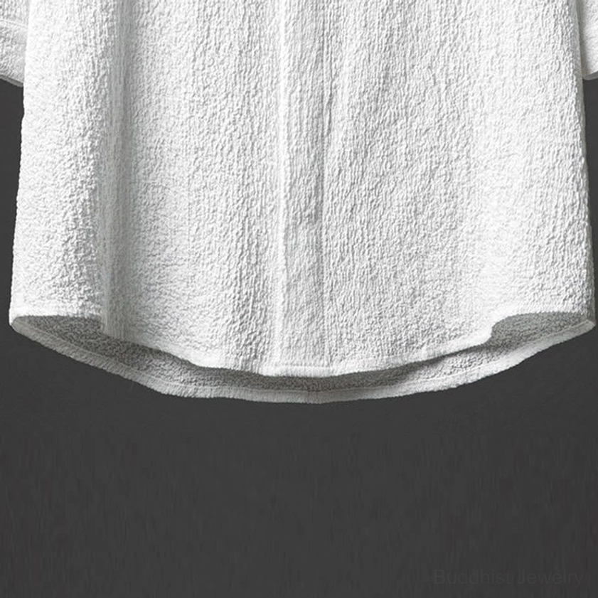 Men's white textured stand collar shirt with vented half sleeves, front and back flat hang display showing complete design