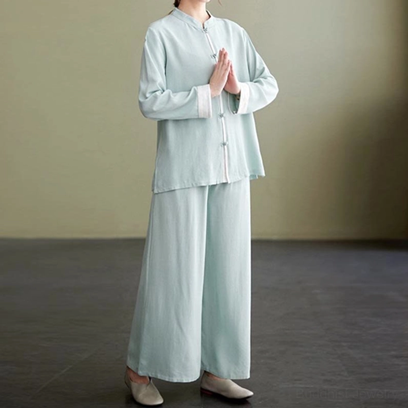 White tai chi uniform full body fit on model, complete meditation clothing set display
