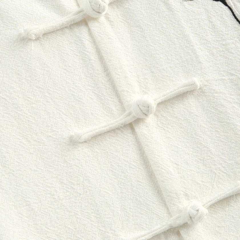 White crane embroidery Tang suit pants with elastic waistband and side pockets