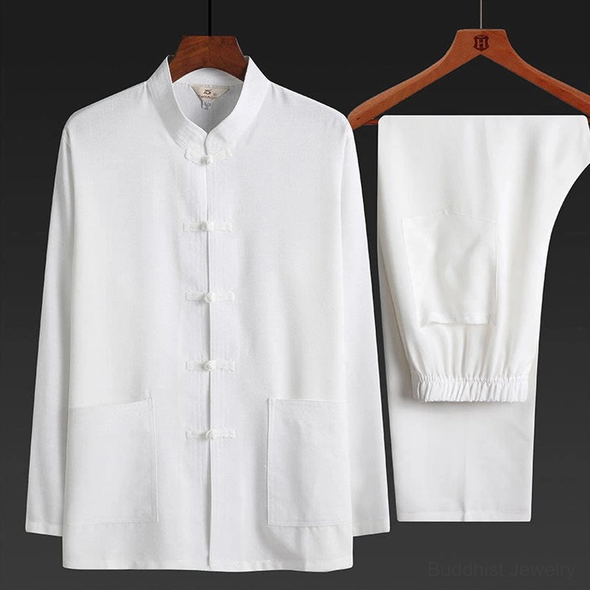 White Tang suit long sleeve top - front view with dual pockets and frog closure