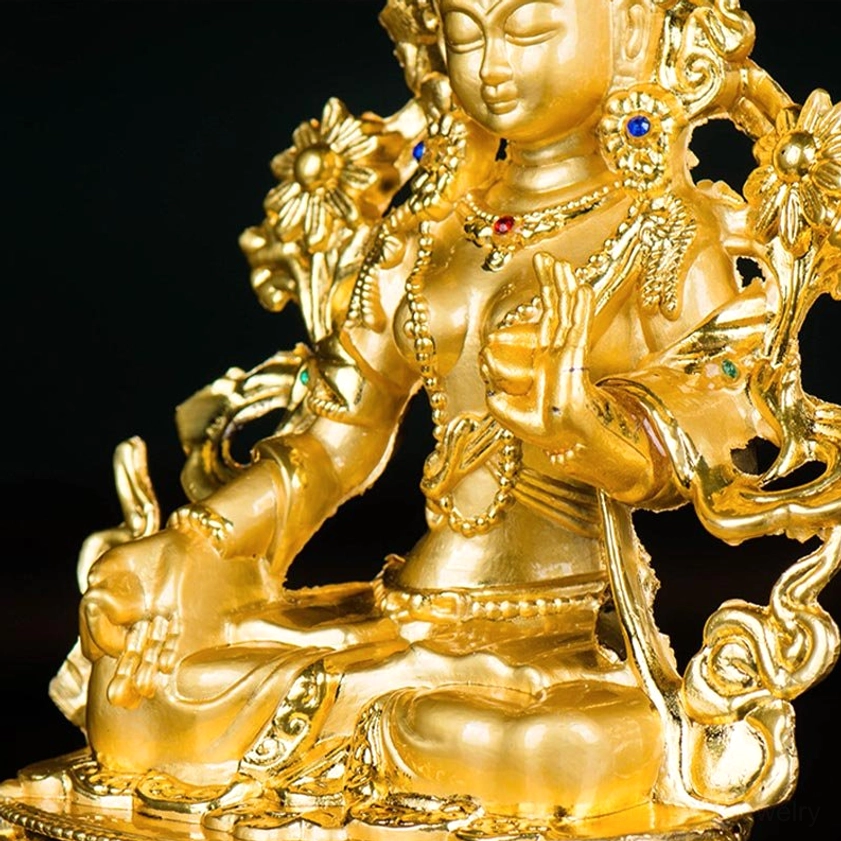 White Tara gold plated altar statue showing exceptional detail in hand-painted facial features and gold accents