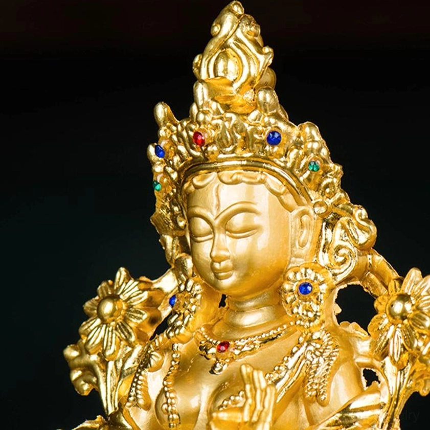 Handmade White Tara Buddha statue full body view demonstrating traditional casting and gilding techniques