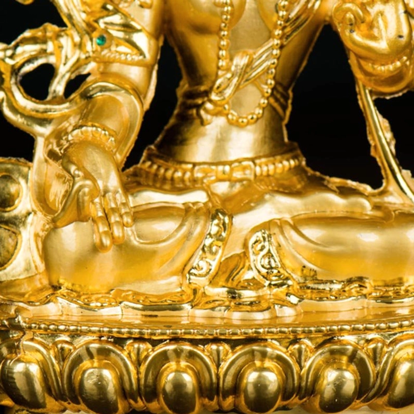 White Tara gold plated statue left side profile showing matte gold finish and authentic seated Buddhist posture