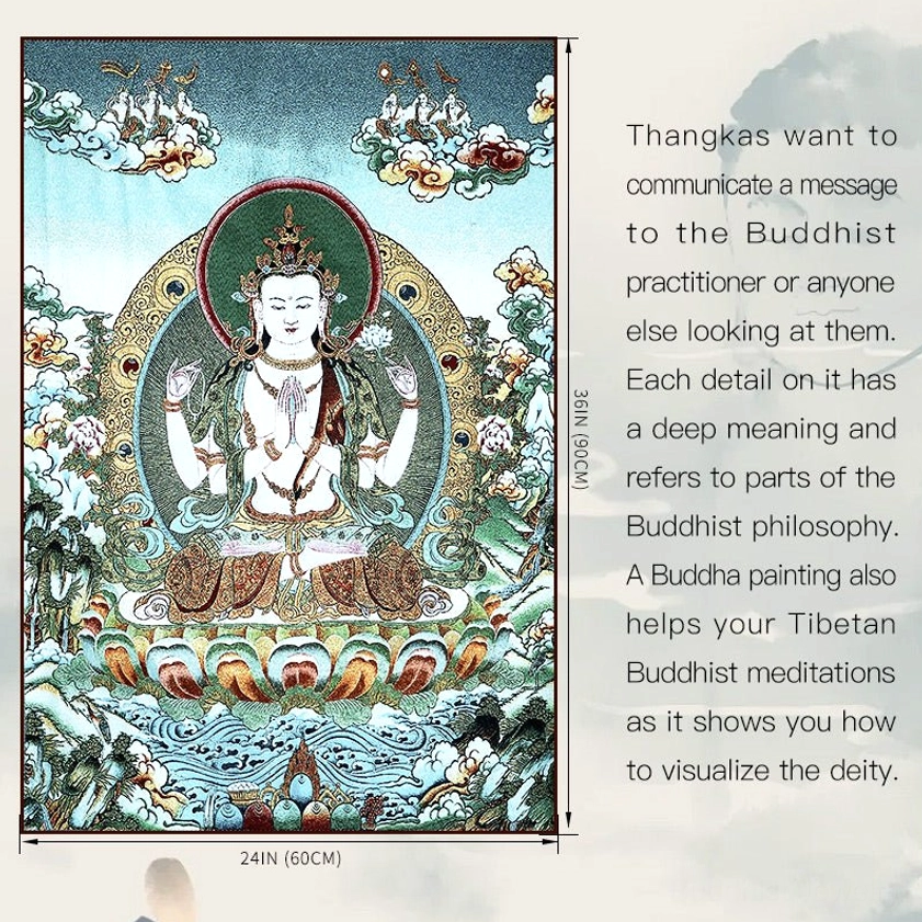 Buddhist White Tara embroidery thangka tapestry showing intricate deity embroidered details and authentic craftsmanship
