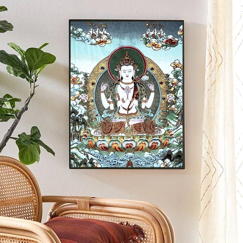 White Tara handmade embroidery thangka tapestry sacred Buddhist art piece for meditation practice and spiritual protection