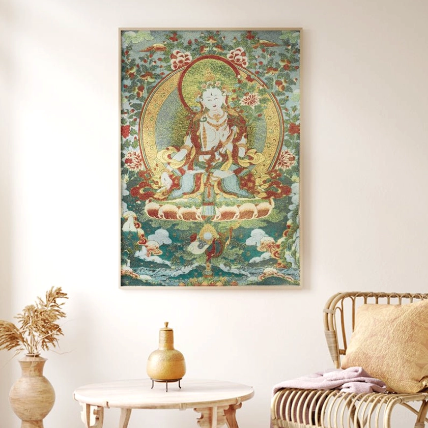 White Tara sacred embroidery thangka tapestry meditation wall art showing Buddhist iconography and spiritual symbolism