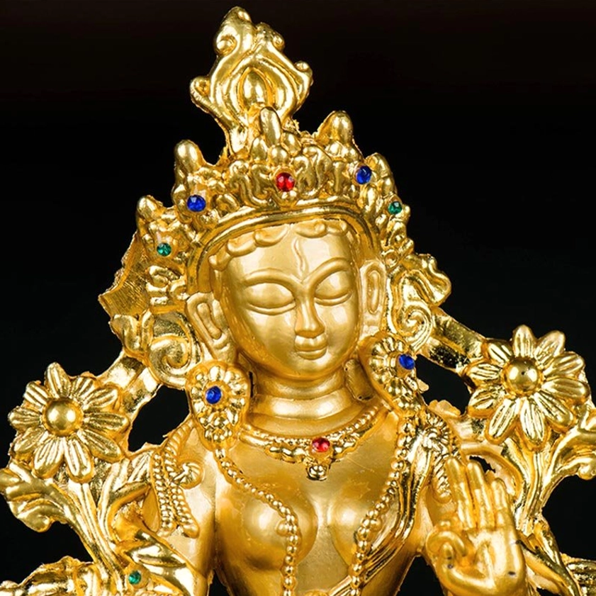 White Tara gold plated Buddha statue handmade artisan craftsmanship detail showcasing fine carving work