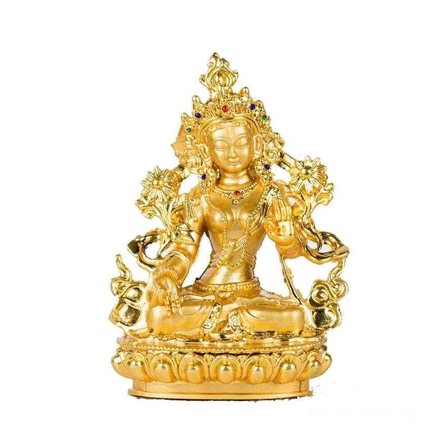 White Tara protection deity statue on white background, full gold plating with gem-decorated crown and jewelry
