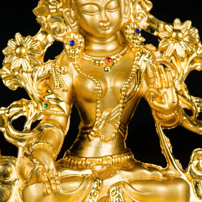 White Tara protective deity statue highlighting ornate crown jewelry and divine spiritual adornments