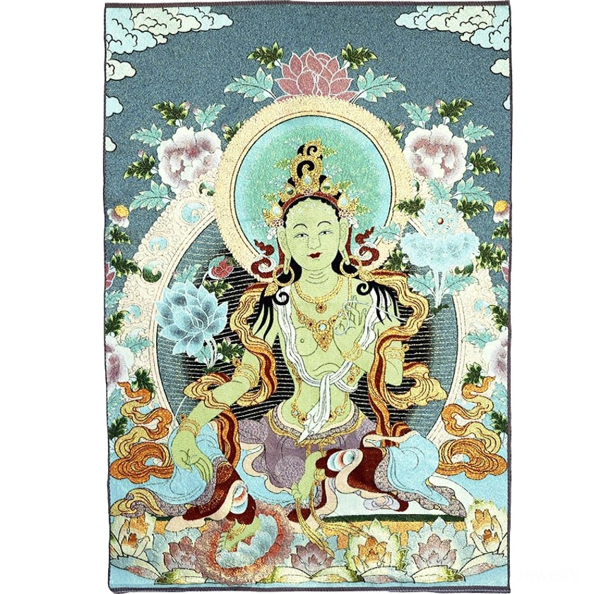 Close-up detail of White Tara handmade embroidery thangka showing intricate deity and floral border embroidered patterns