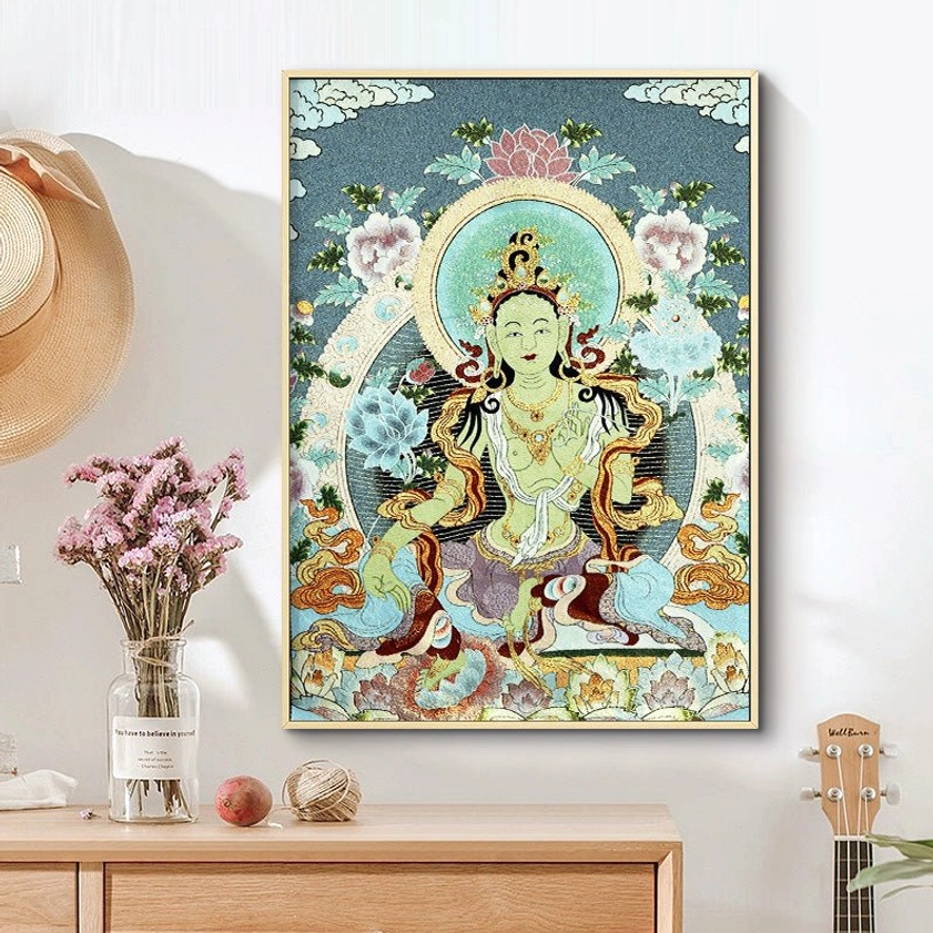 White Tara handmade embroidery thangka wall art in wooden frame with dried flowers home entryway decoration