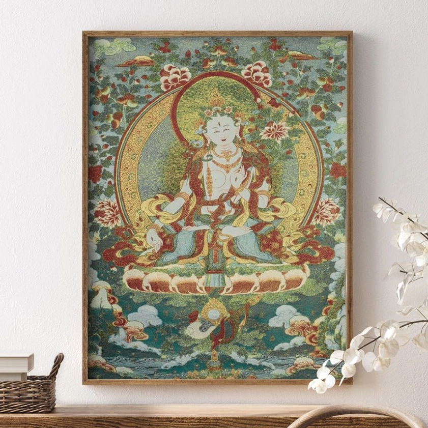 Framed seated Buddhist deity White Tara handmade embroidery thangka wall display with red and gold embroidered tones