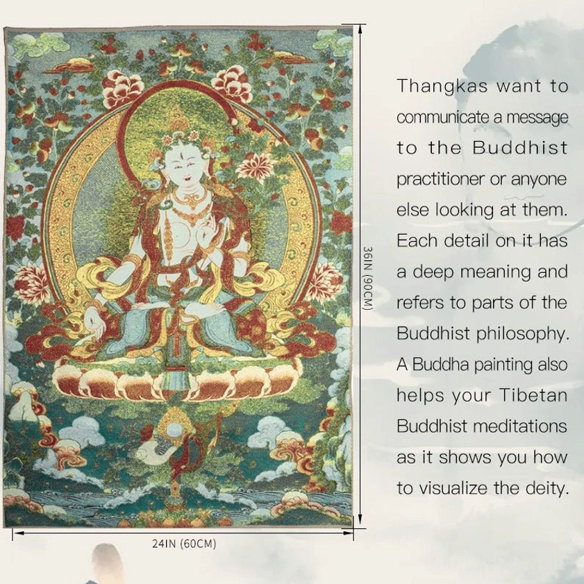 Unframed Buddhist deity White Tara embroidery thangka tapestry product shot with size specifications and text overlay