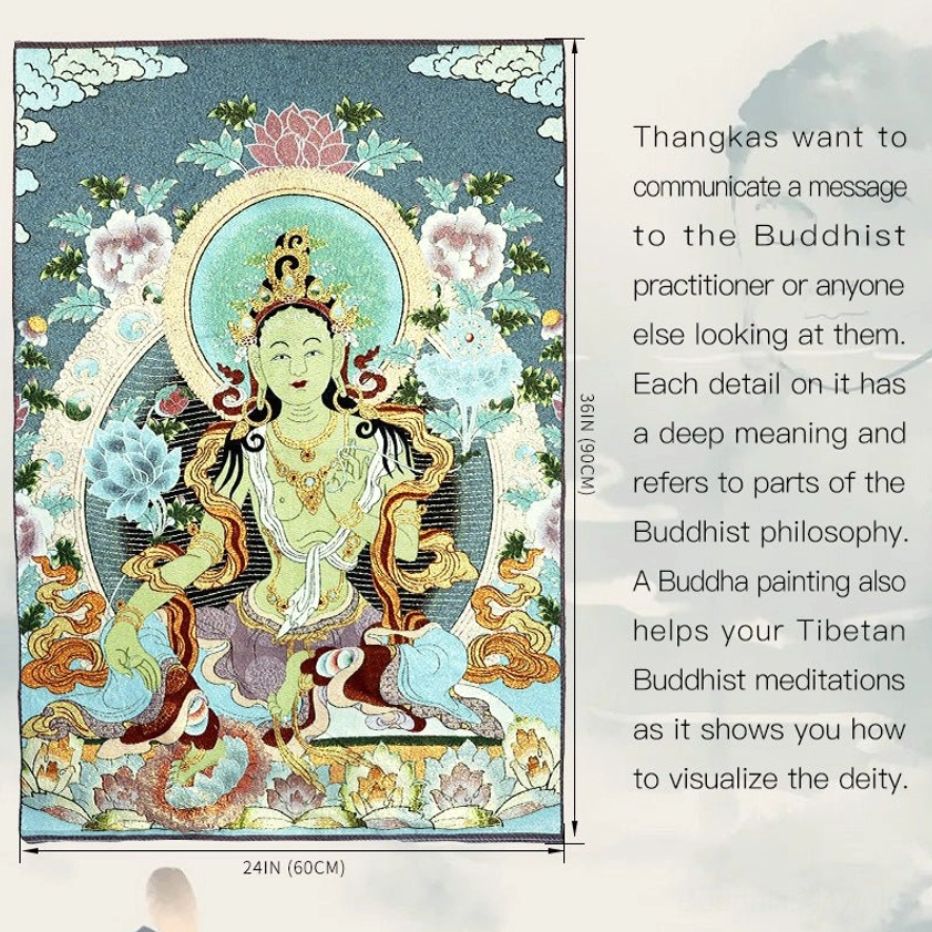 Unframed White Tara Buddhist embroidery thangka tapestry product flat lay showing size labels and deity embroidered details