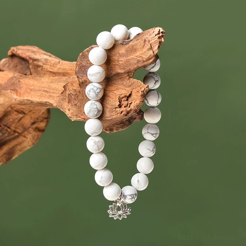 Premium elastic cord construction of white turquoise lotus bracelet showing durability and comfortable fit