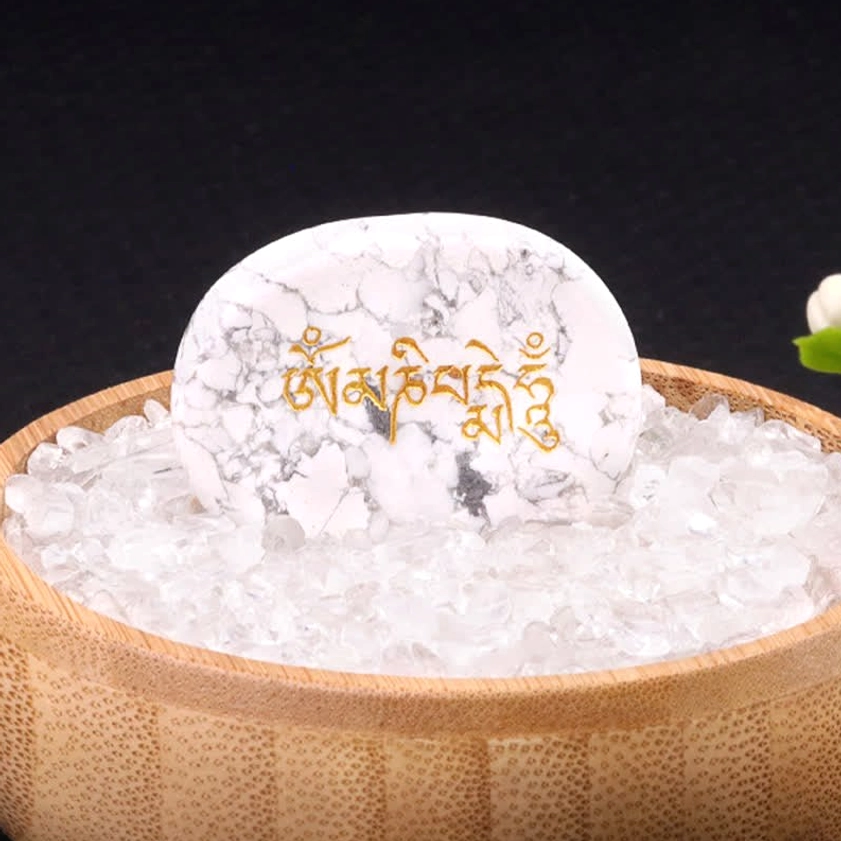 Om Mani Padme Hum white turquoise palm stone with golden mantra engraving