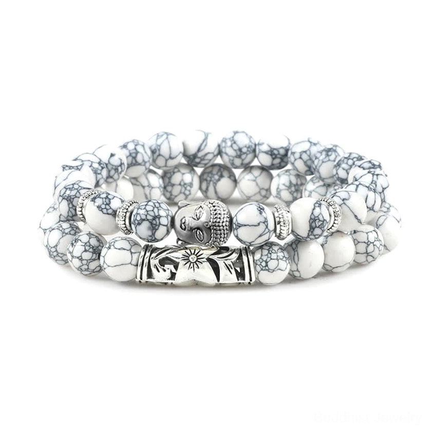 White turquoise Buddhist healing bracelet with pure stone beads for clarity and spiritual protection energy